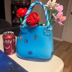 Vintage Hand Blown Blue Murano Style Glass Purse ( LEGO flowers not included)